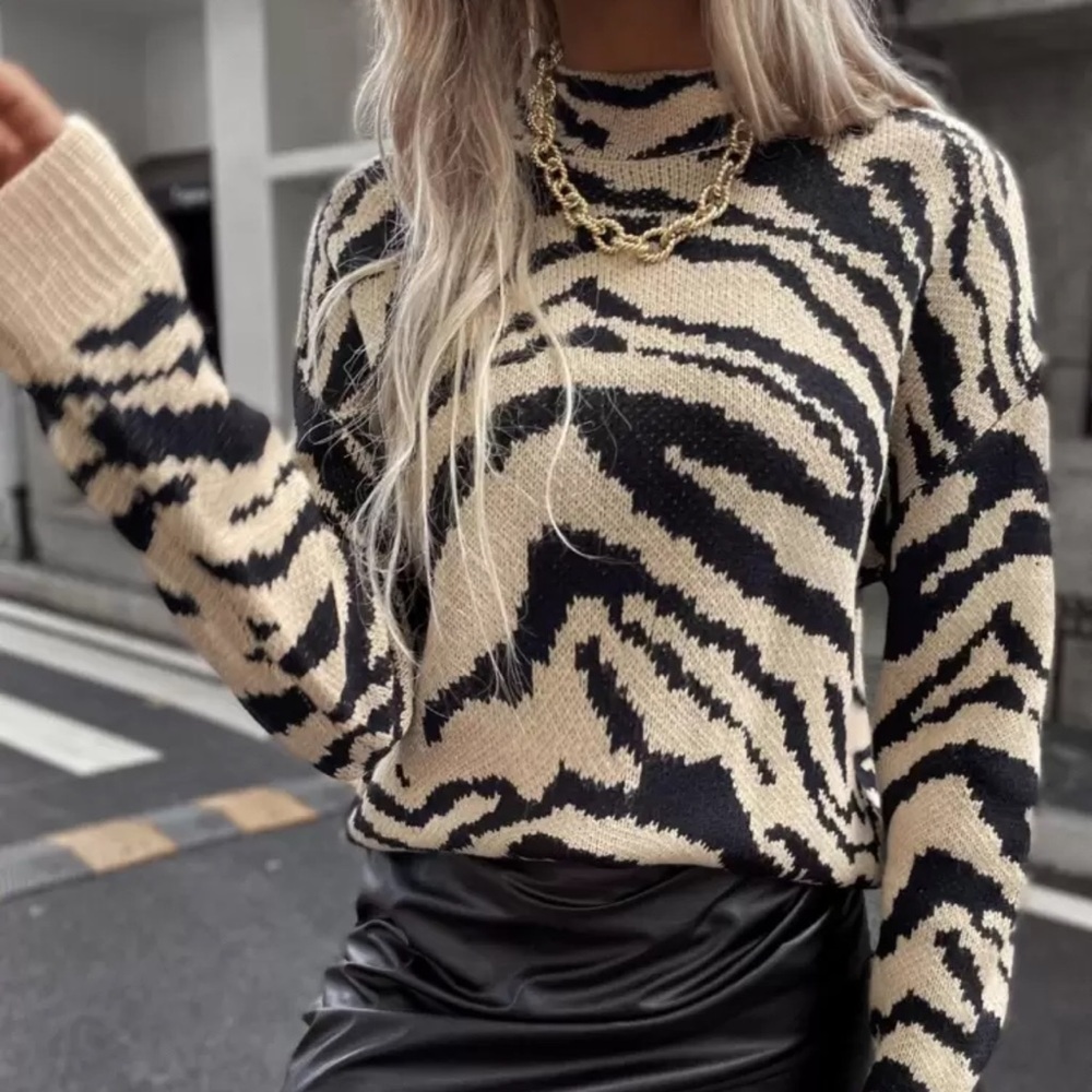 Shein Animal Print Zebra Stripes Tan Black Long Sleeve Pullover Sweater Winter S